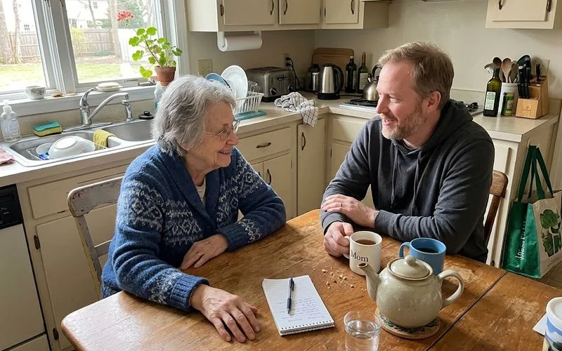 An adult child sitting across from an older parent at a kitchen table having a calm, unhurried conversation