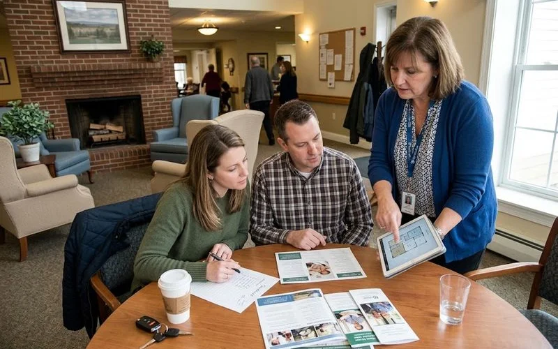 Two people reviewing a printed comparison chart of local assisted living communities at a kitchen table